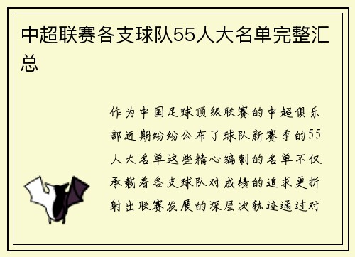 中超联赛各支球队55人大名单完整汇总